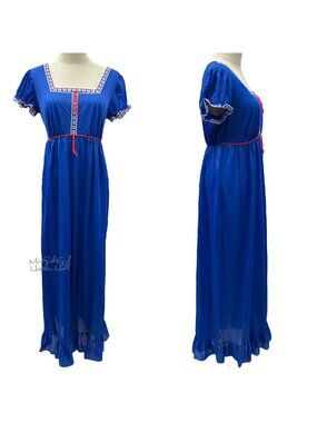 Vintage Lorraine Blue Boho Maxi Dress w/ Embroidered Trim & Ruffle Hem